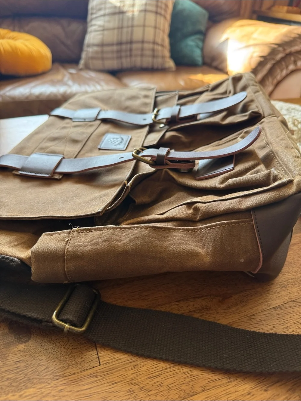 Men's Brown Canvas Messenger Bag with faux Leather Straps